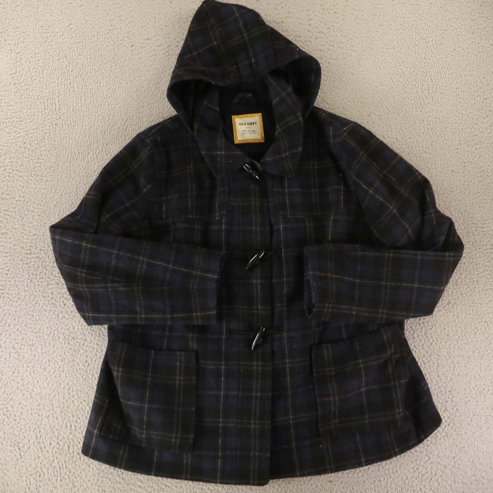 Old Navy Jacket Mens 2XL Blue Plaid Check Wool Blend Duffel Coat Toggle Jacket